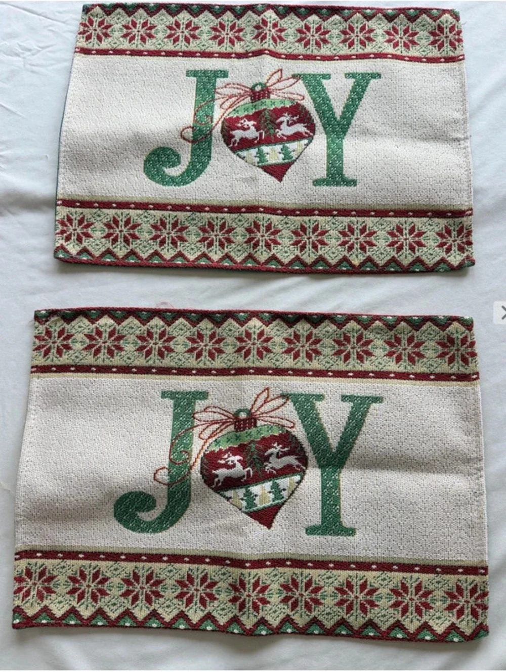 Christmas Woven Tapestry JOY Placemats Set of 2 Red Green Holiday Table Mats